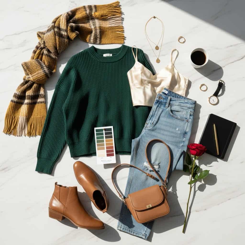 Stylizacja z butelkową zielenią i dodatkami